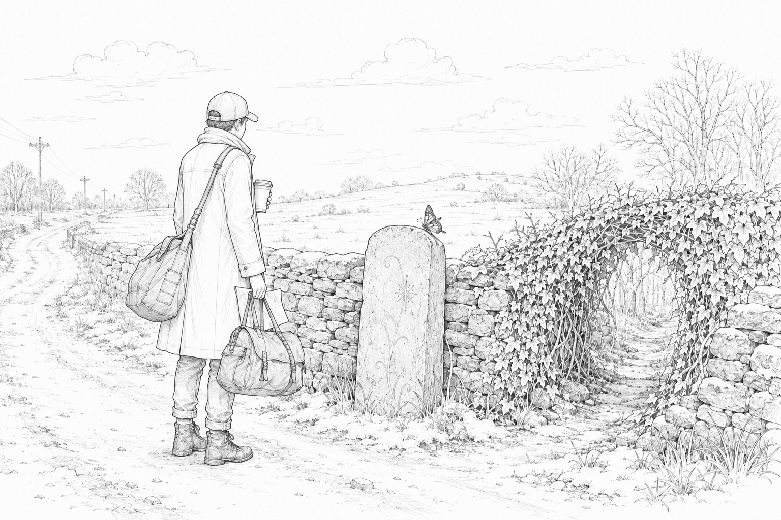 A burdened traveler pauses beside a gray stone and blue butterfly where ivy reveals a hidden path.