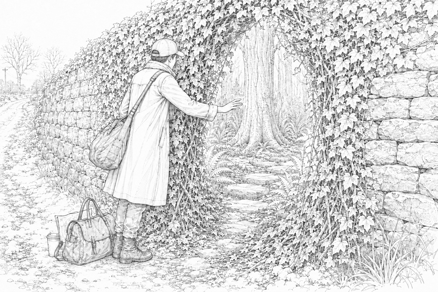 The traveler parts cold ivy in a gray stone wall and reaches into warm golden air above an impossible path among enormous silver-barked trees.