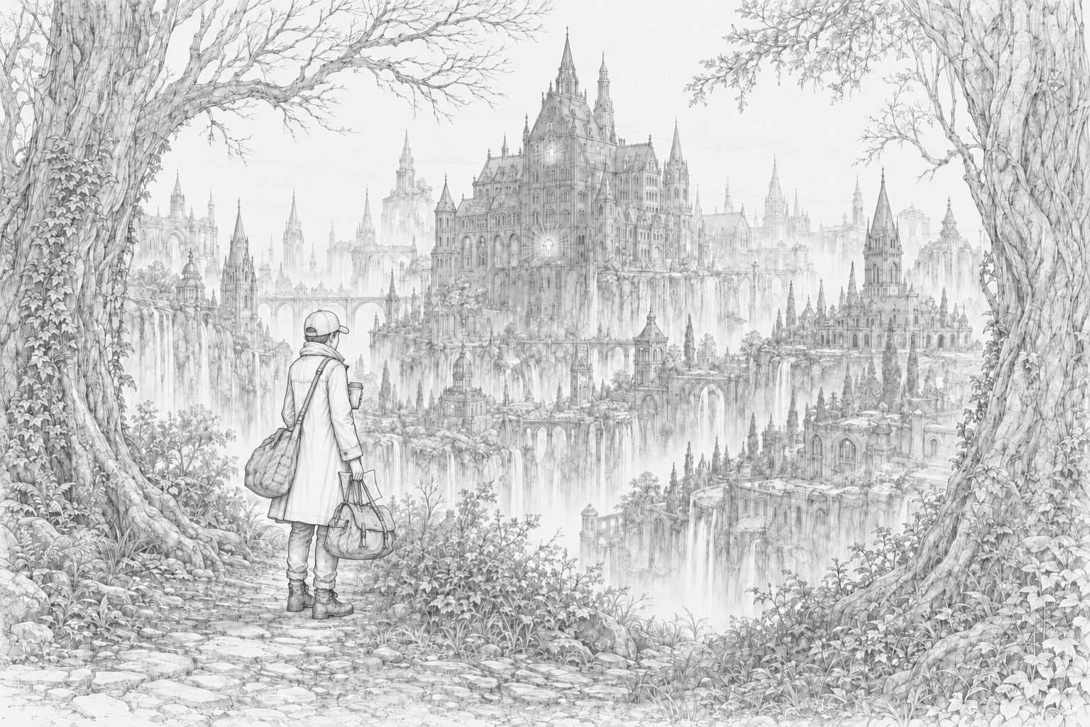 From the impossible forest path, the traveler glimpses a vast hidden valley of Academy rooftops, aerial bridges, misting waterfalls, and a great dark central building where one high window glows blue and a second has just warmed to amber.