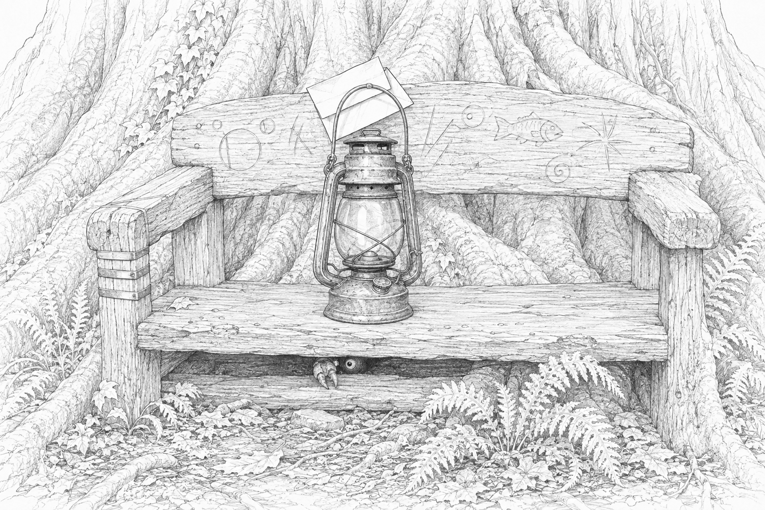 An old unlit lantern and folded note rest on a weathered bench beneath a huge tree while a tiny orange claw and amused eye peek from the shadow below.